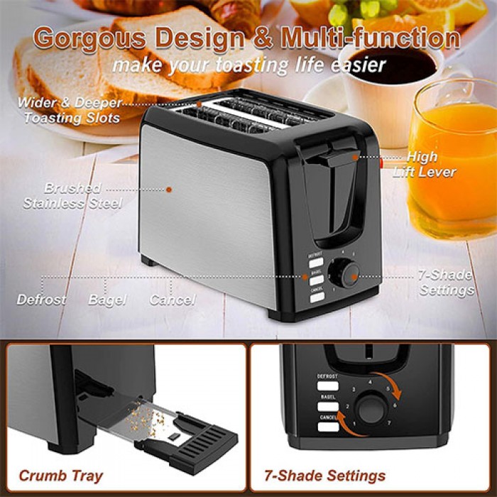 2 Slice Toaster, Long Slot & Removable Crumb Tray, 7 Shading Options with  Auto S